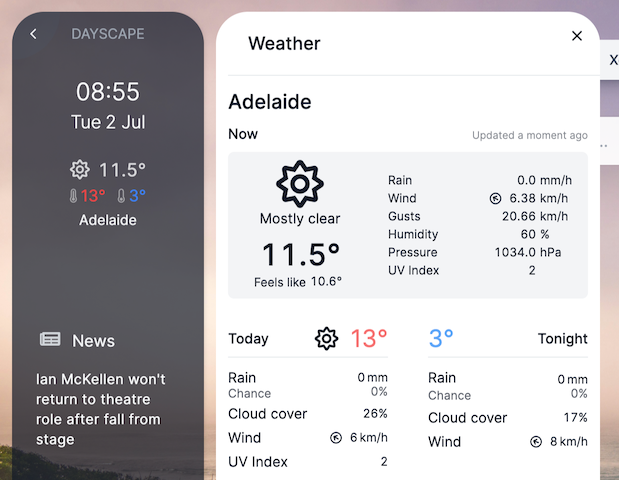 Dayscape screenshot showing the extended weather widget